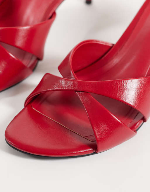 ASOS DESIGN Hum premium cross strap mid heeled mules in red leather, 3 of 4