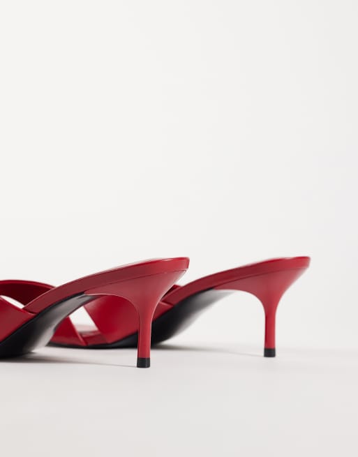 ASOS DESIGN Hum premium cross strap mid heeled mules in red leather, 4 of 4