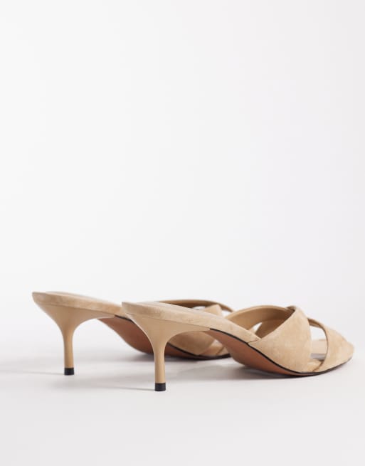 ASOS DESIGN Hum premium cross strap mid heeled mules in taupe suede, 3 of 4