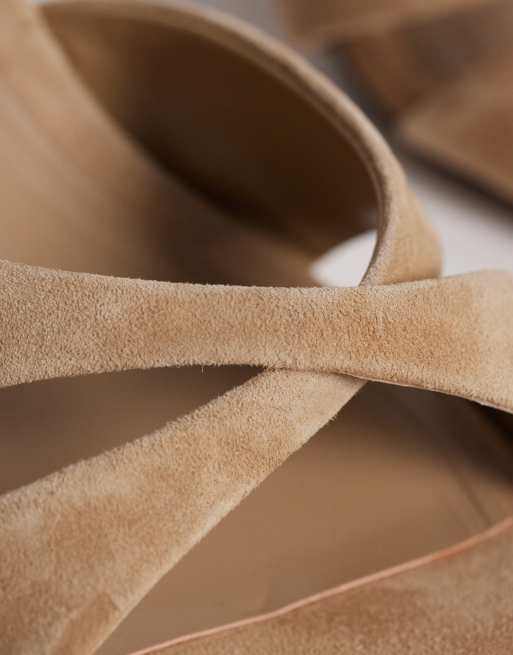 ASOS DESIGN Hum premium cross strap mid heeled mules in taupe suede, 4 of 4