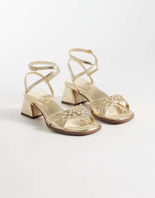 ASOS DESIGN Humble plaited detail mid block heel sandals in gold, 2 of 4