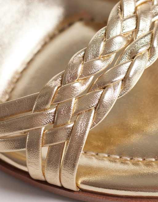 ASOS DESIGN Humble plaited detail mid block heel sandals in gold, 3 of 4