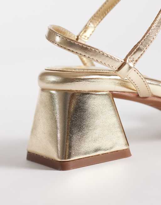 ASOS DESIGN Humble plaited detail mid block heel sandals in gold, 4 of 4