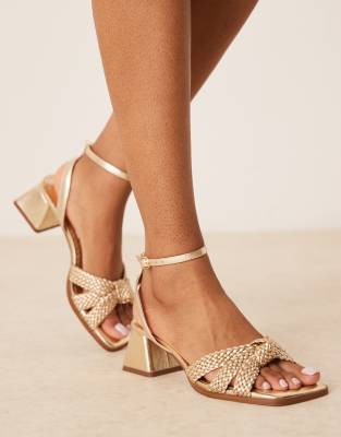 Asos Design Hummingbird Weave Detail Mid Block Heeled Sandals In Gold