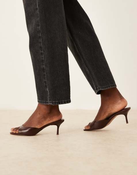 ASOS DESIGN – Hush – Chokladbruna mules i läder med halvhög klack - view 1