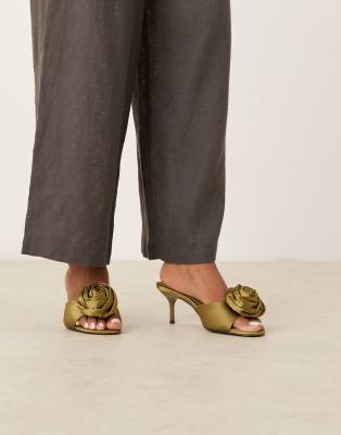 Asos Design Hush Corsage Detail Mid Heel Mules In Green