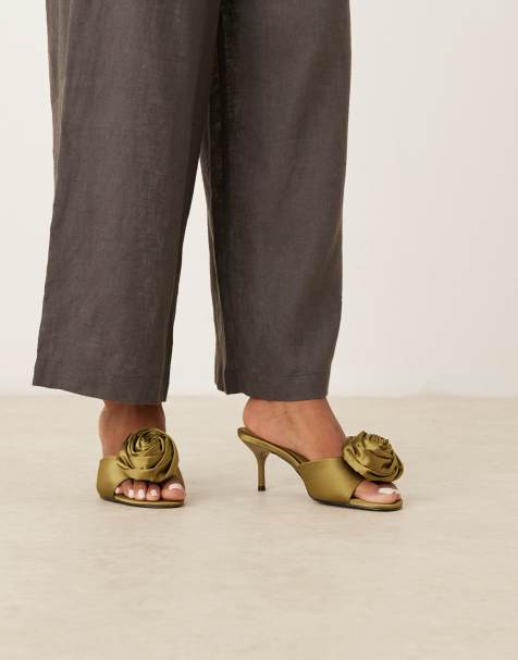 ASOS DESIGN Hush corsage detail mid heel mules in olive satin - view 1