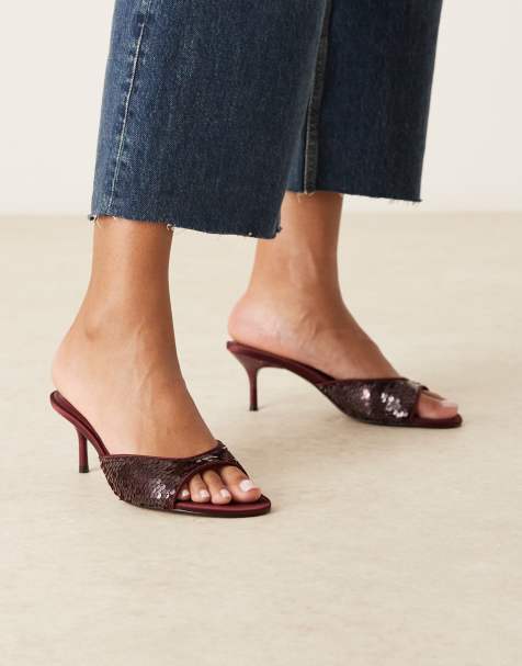 ASOS DESIGN Hush mid-heeled mules in burgundy sequin - view 1