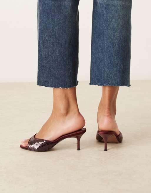 ASOS DESIGN Hush mid-heeled mules in burgundy sequin