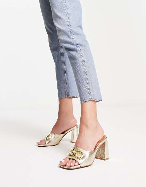 ASOS DESIGN Wide Fit Motto chain flat raffia mules in beige