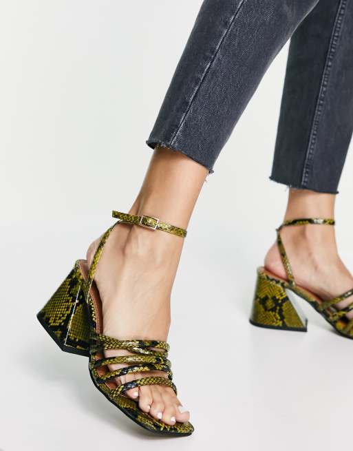 ASOS DESIGN Husk strappy block heeled sandals in lime snake