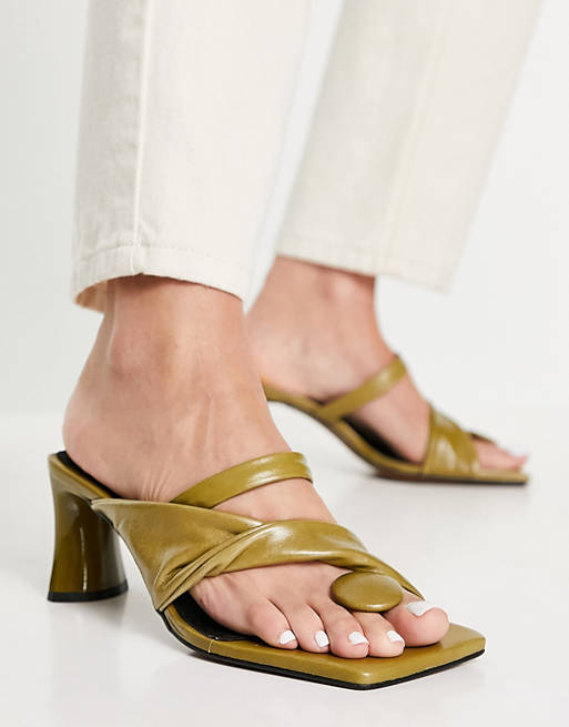 ASOS DESIGN Husky premium leather mid heeled sandals in olive