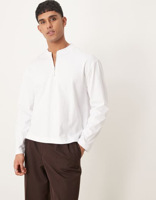 ASOS DESIGN - Hvid afslappet T-shirt med halv lynlås og lange ærmer i kraftigt stof i firkantet pasform