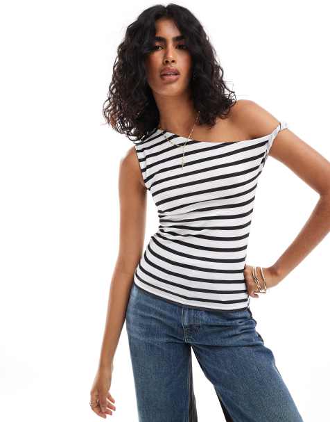 ASOS DESIGN - Hvid asymmetrisk top med striber og snoet skulder - view 1