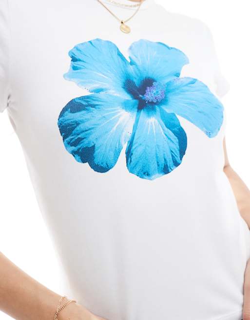 ASOS DESIGN - Hvid baby-T-shirt med blå hibiskusblomst-grafik, 3 af 4