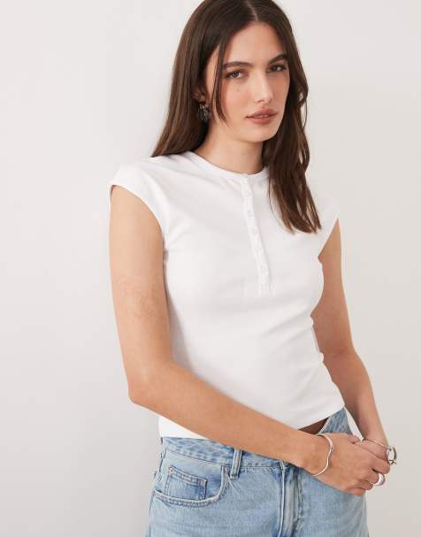 ASOS DESIGN - Hvid baby-T-shirt med ribber og henley-detalje med knapper - view 1