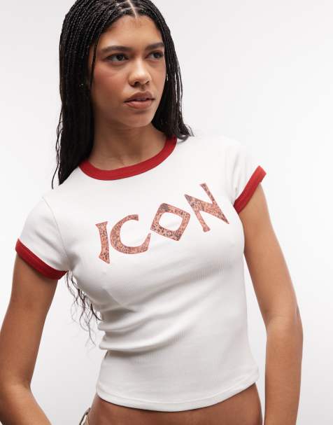 ASOS DESIGN - Hvid baby-T-shirt med ringer-snit og ikonslogan med leopardprint - view 1