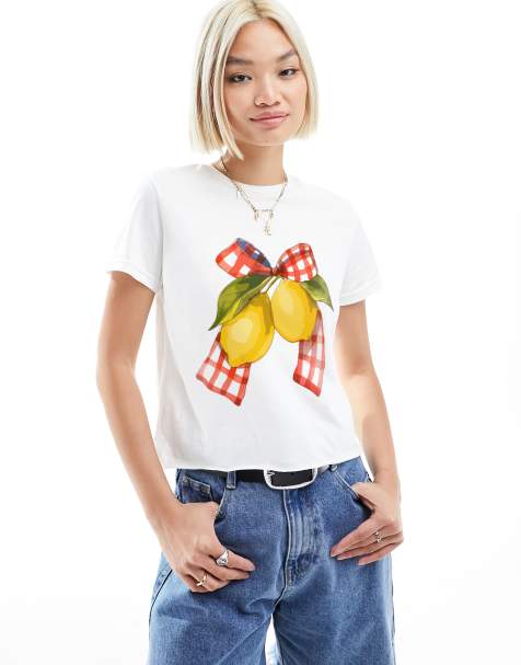 ASOS DESIGN - Hvid baby-T-shirt med sløjfe- og citrongrafik med gingham-tern - view 1