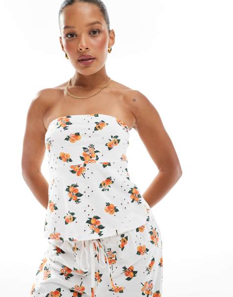 ASOS DESIGN - Hvid bandeau-top med bølgedetalje og appelsinprint i broderie anglaise - view 1