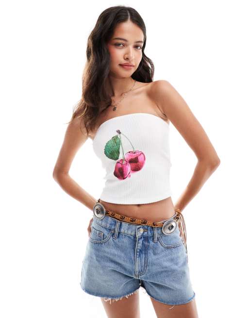 ASOS DESIGN - Hvid bandeau-top med tekstur og grafisk kirsebærprint