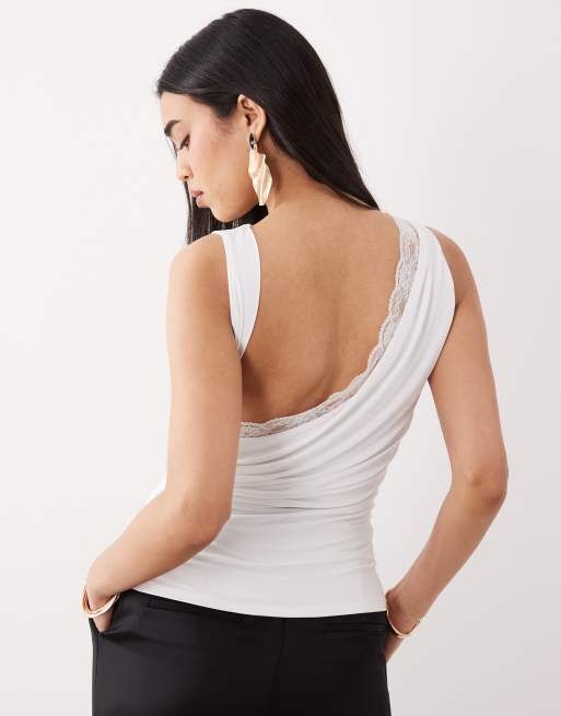 ASOS DESIGN - Hvid blød tanktop med vandfaldsudskæring og blondekant-detalje, 4 af 4