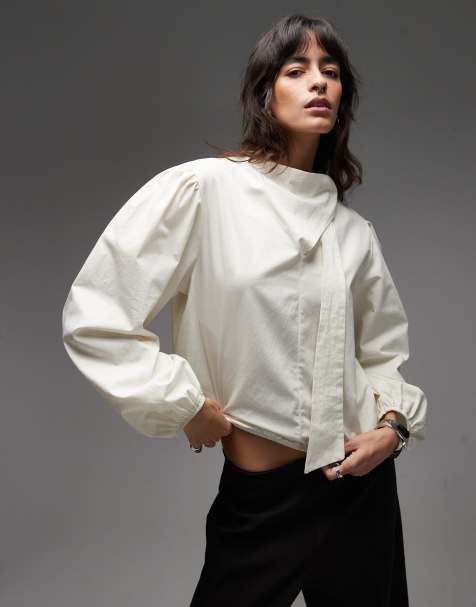ASOS DESIGN - Hvid bluse i poplin med bindebånd i halsen - view 1
