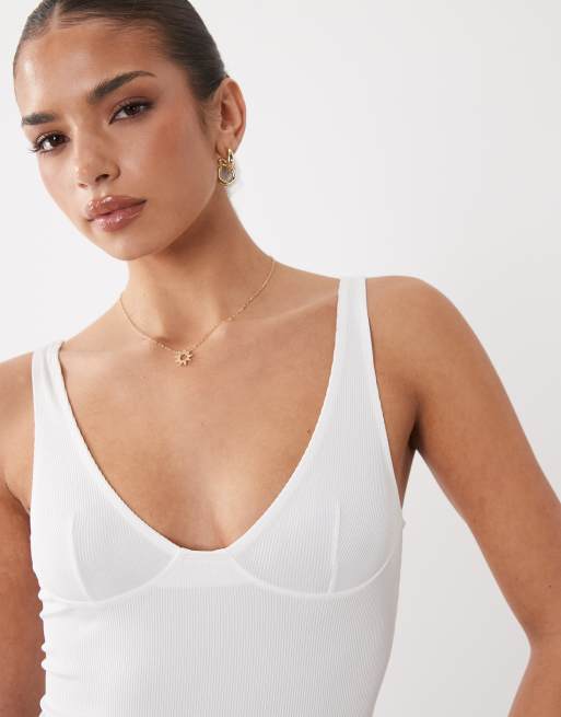 ASOS DESIGN - Hvid bodystocking med dyb udskæring i ribstrik, 2 af 4