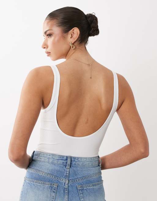 ASOS DESIGN - Hvid bodystocking med dyb udskæring i ribstrik, 4 af 4