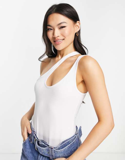 ASOS DESIGN - Hvid bodystocking med stropper og asymmetrisk udskæring