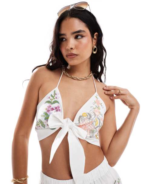 ASOS DESIGN - Hvid camitop med blomstermønster og broderi samt bindebånd foran - Del af sæt - view 1