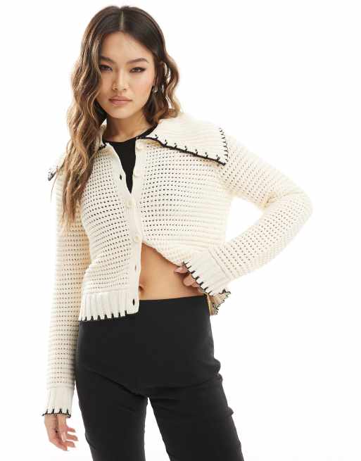 ASOS DESIGN - Hvid cardigan med kontrasterende tæppesyninger i hulstrik