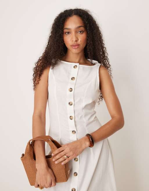 ASOS DESIGN - Hvid habitvestemidikjole med bred halsudskæring og knapper, 4 af 4