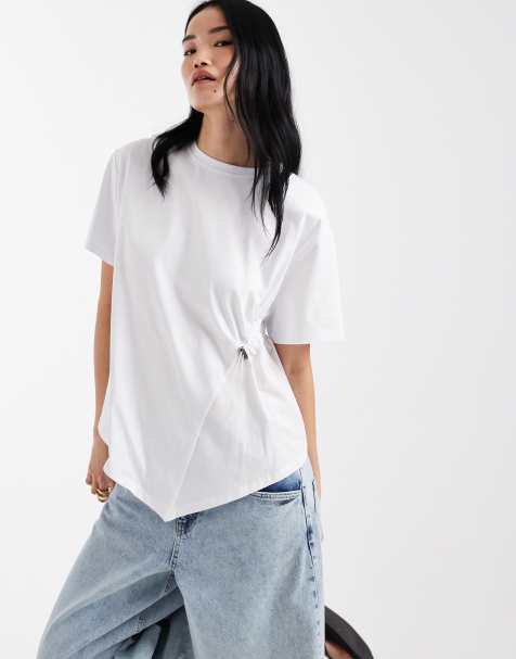 ASOS DESIGN - Hvid kortærmet hybrid-top i poplin med rynket detalje med løbesnor - view 1