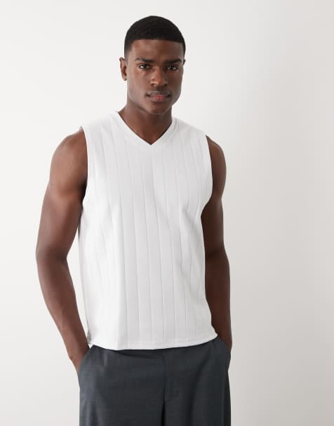 ASOS DESIGN - Hvid kraftig tanktop med V-hals og brede ribstrikkede detaljer i Regular Fit - view 1