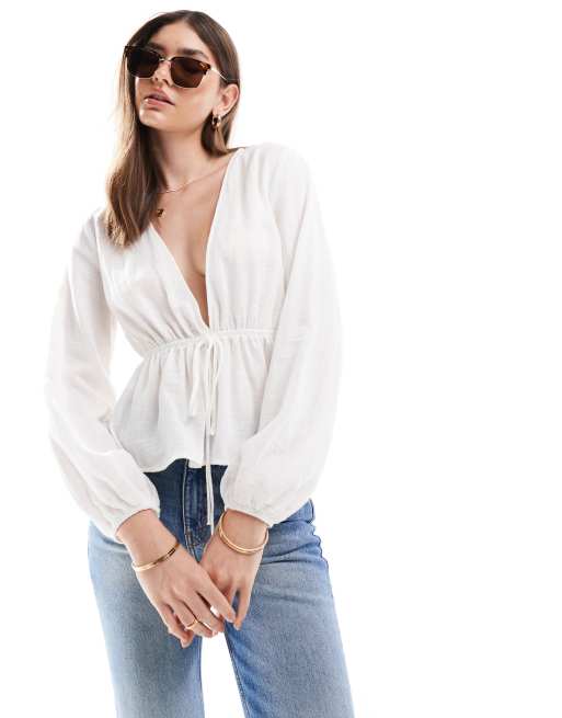 ASOS DESIGN - Hvid langærmet cropped smocktop med bindebånd i ostelærred