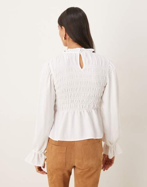 ASOS DESIGN - Hvid langærmet og højhalset bluse med smock, 3 af 4