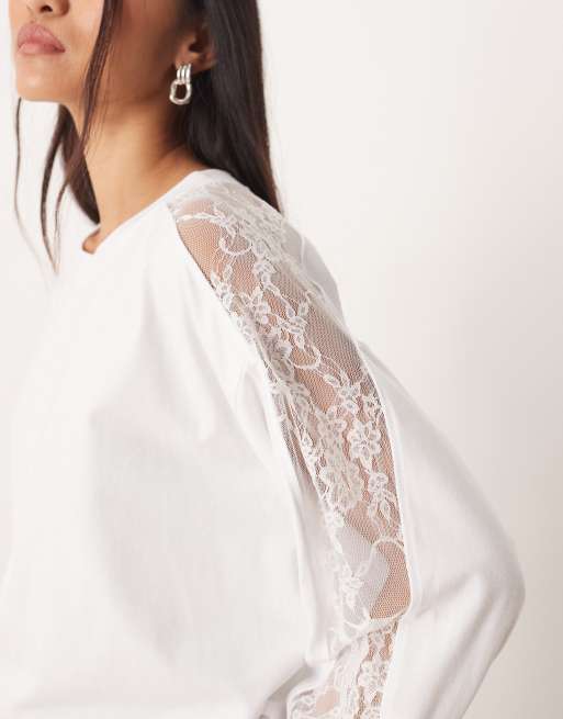 ASOS DESIGN - Hvid langærmet T-shirt med blondepaneler, 2 af 4