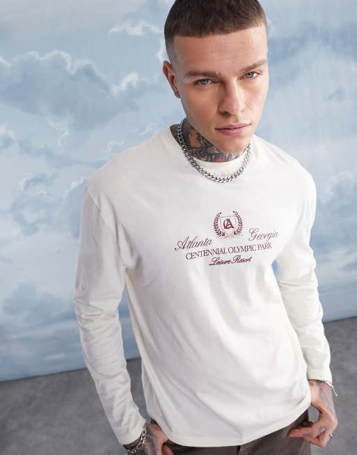 ASOS DESIGN - Hvid langærmet t-shirt med byprint på brystet i afslappet pasform