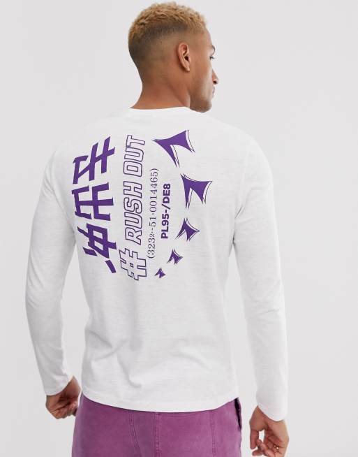 ASOS DESIGN - Hvid langærmet t-shirt med japansk tekst på ryg og bryst