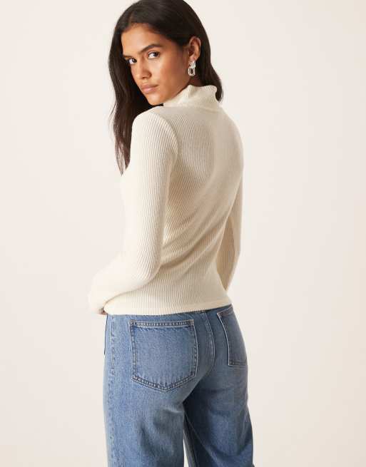 ASOS DESIGN - Hvid langærmet top med rullekrave i superblødt børstet ribstrik, 3 af 4