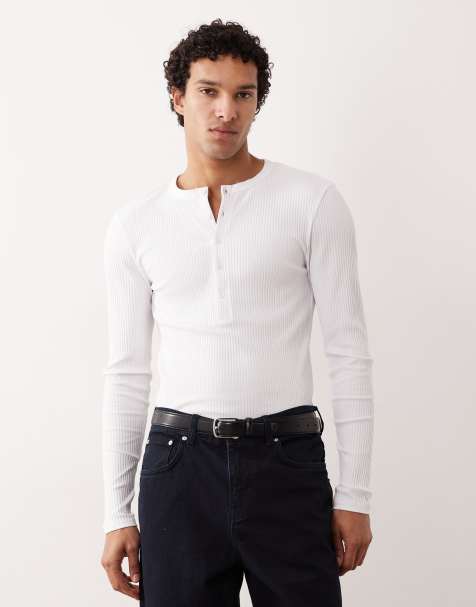 ASOS DESIGN - Hvid langærmet tætsiddende T-shirt med henley-hals i kraftigt ribstrik - view 1