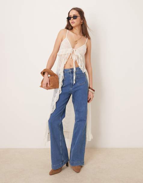 ASOS DESIGN - Hvid longline-camitop med slids foran i gennemsigtigt blondemateriale med flæser - view 1