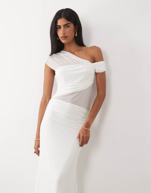 ASOS DESIGN - Hvid maxikjole med sænkede skuldre og paneler i gennemsigtig mesh, 4 af 4