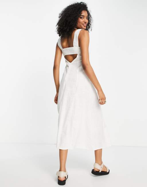 ASOS DESIGN - Hvid midi-sundress med hjerteformet hals og rynker bagpå i hør, 2 af 4