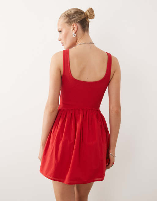 ASOS DESIGN - Hvid minikjole med dyb rund hals og ribstrikket overdel samt poplinskørt, 4 af 4