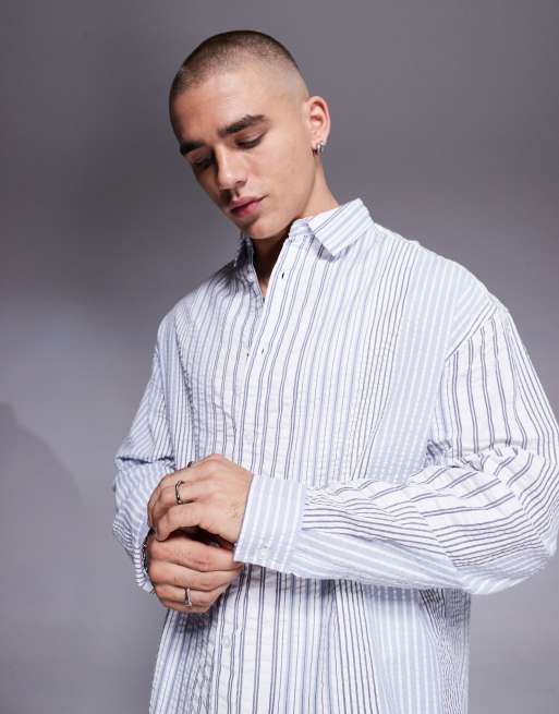 ASOS DESIGN - Hvid og blå oversized skjorte med striber i bæk-og-bølge-stof i 90'er-stil, 2 af 4
