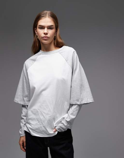 ASOS DESIGN - Hvid og gråmeleret langærmet skater-T-shirt i dobbeltag