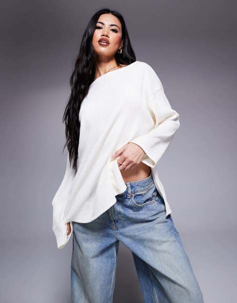 ASOS DESIGN - Hvid og langærmet T-shirt i krølstof med offshoulder - view 1