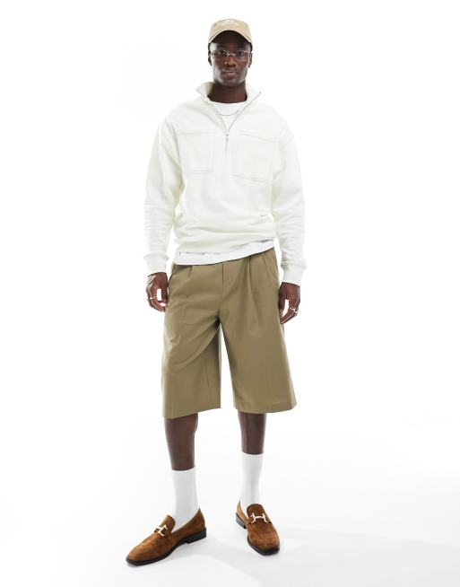 ASOS DESIGN - Hvid og oversized sweatshirt med ståkrave og kvart lynlås og kontrastfarvede stikninger, 4 af 4