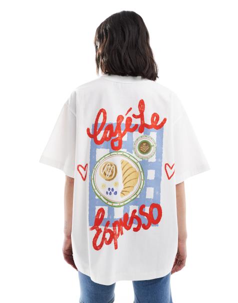 ASOS DESIGN - Hvid og oversized T-shirt med 'Café Le Espresso'-grafikprint på ryggen - view 1